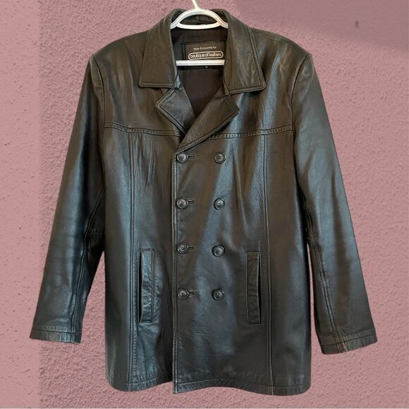 Vintage 90s black leather jacket double breasted - Picture 1 of 9